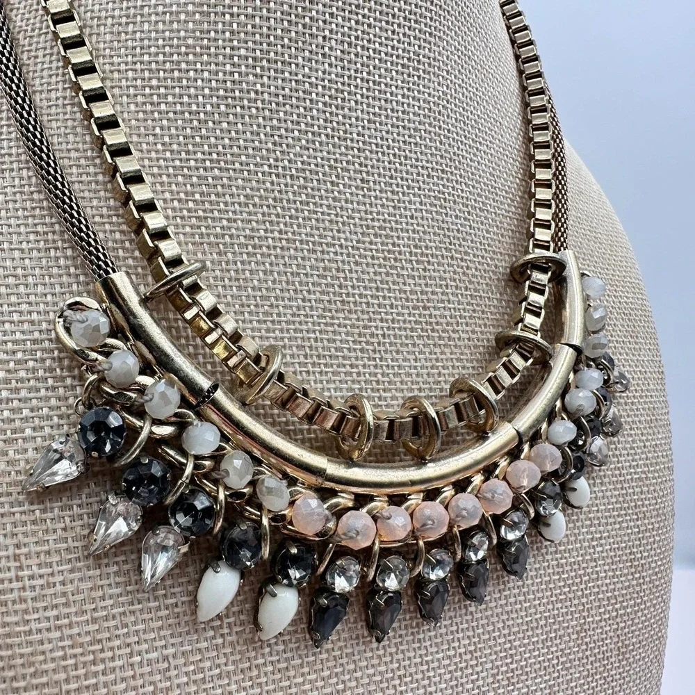 Vintage 90s Express Gold Tone Rhinestone Bib Necklace Statement‎ Fashion Jewelry